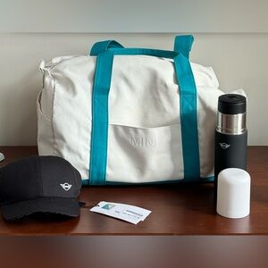New Mini Cooper zippered bag, travel flask, and ball cap